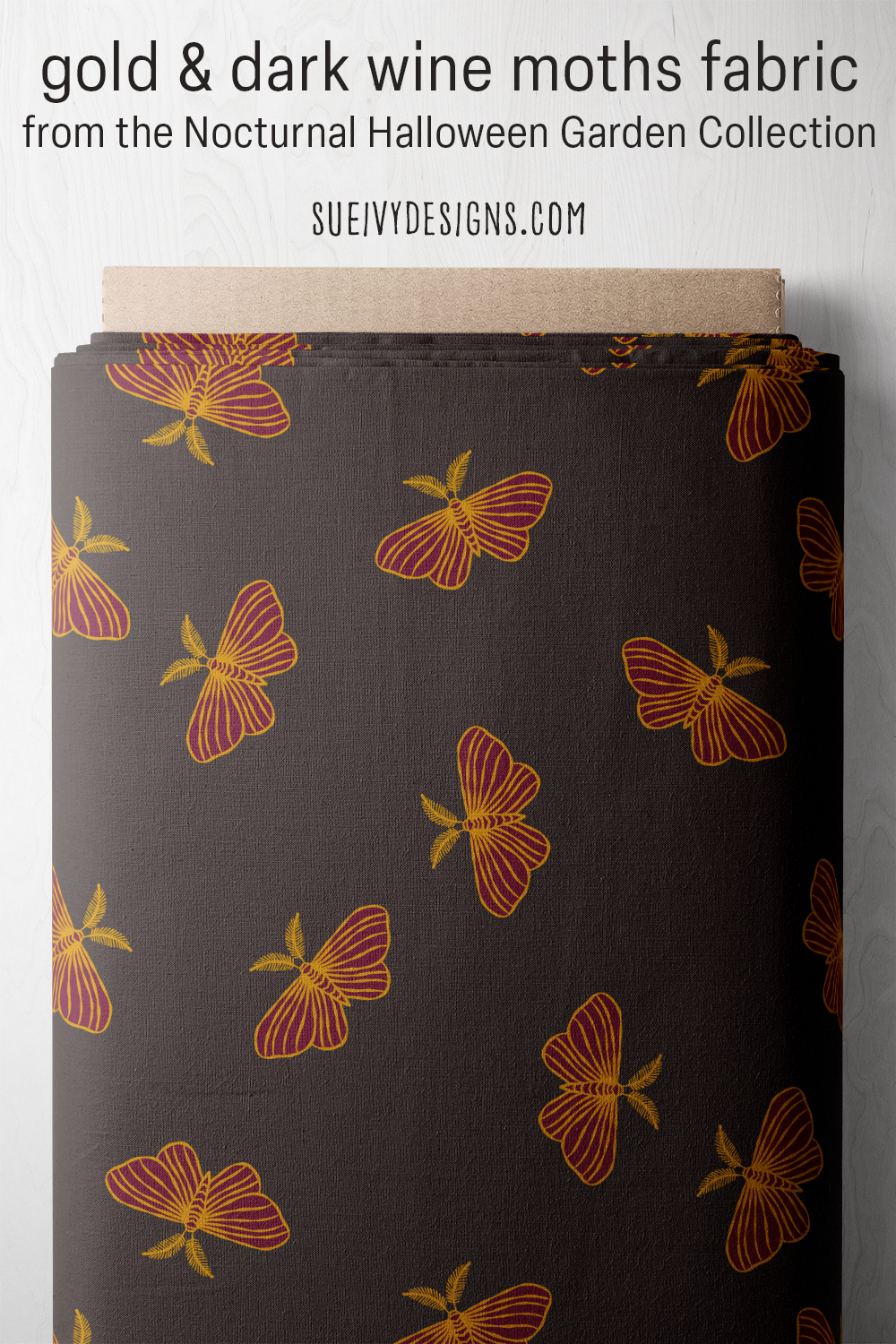 Gold & dark wine tossed moth fabric, Nocturnal Halloween Garden collection by Sue Ivy Designs.