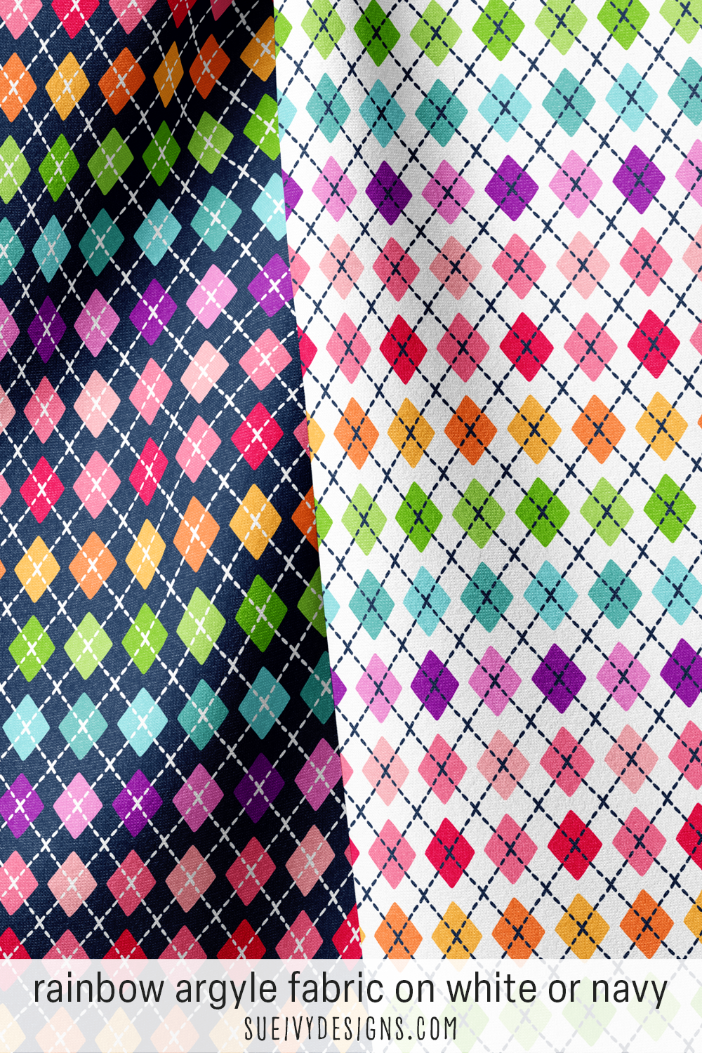 Rainbow argyle fabric on white and navy, multicolor two-tone diamonds with a dashed lattice, for apparel and quilting.