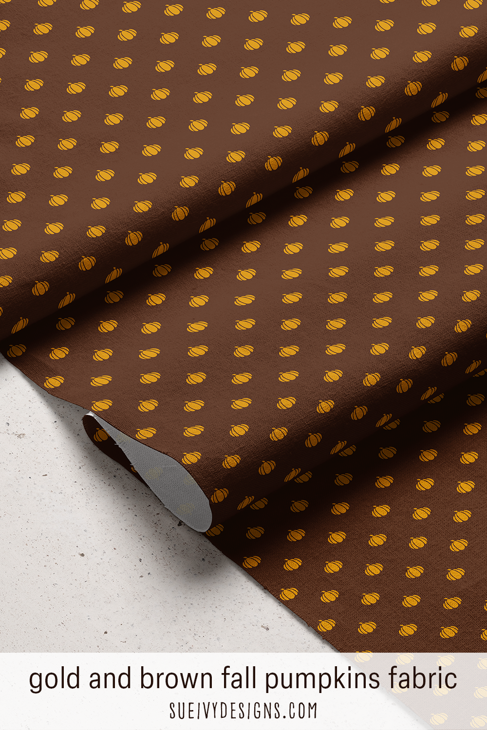 Small goldenrod pumpkins on dark chocolate brown fabric — Gilded Autumn puts gold on a dark ground in every print.
