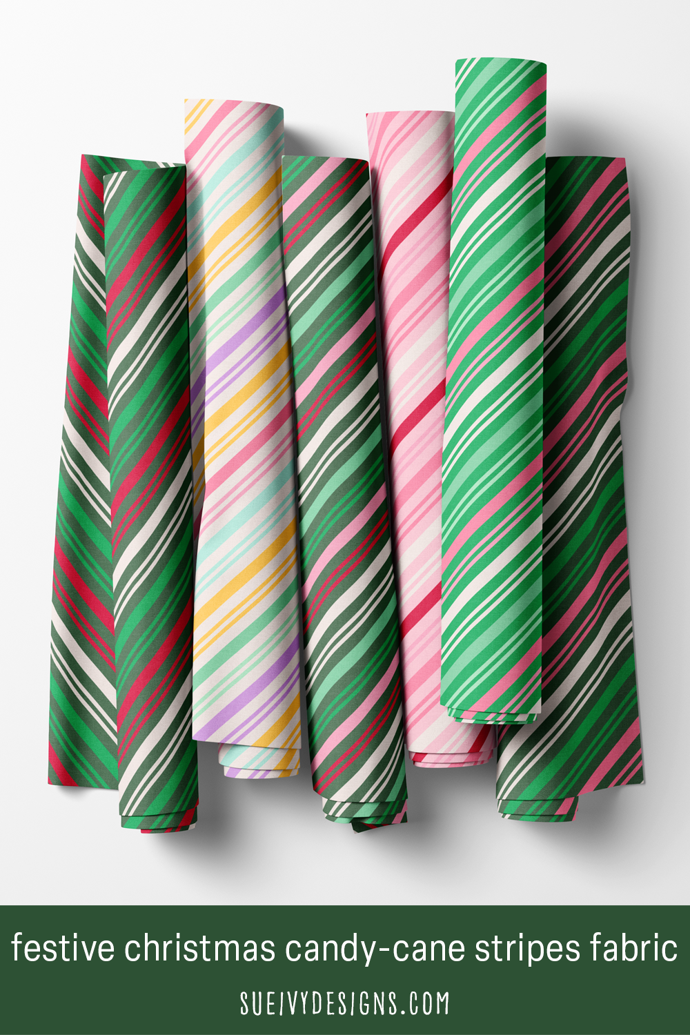 Diagonal candy-cane stripes in the six core colorways — Christmas quilting fabric.