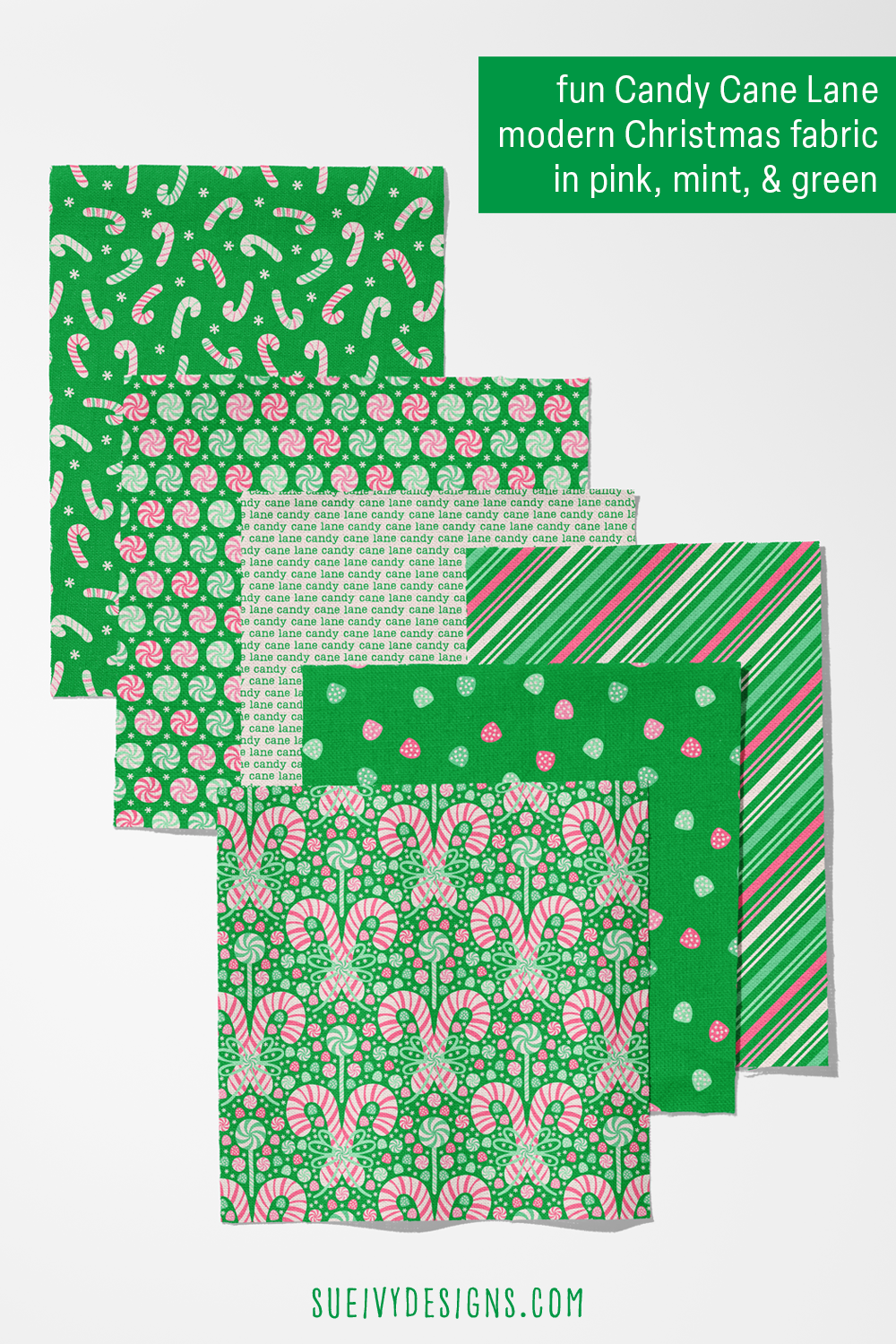 Candy Cane Lane prints in pink, mint, and green — candy cane Christmas quilting fabric on bright green.