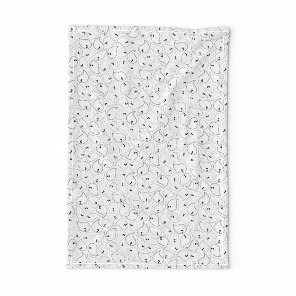 Halloween tea towel in small gray doodled ghosts on white from the Happy Haunting collection — a subtle, not-so-spooky kitchen accent.
