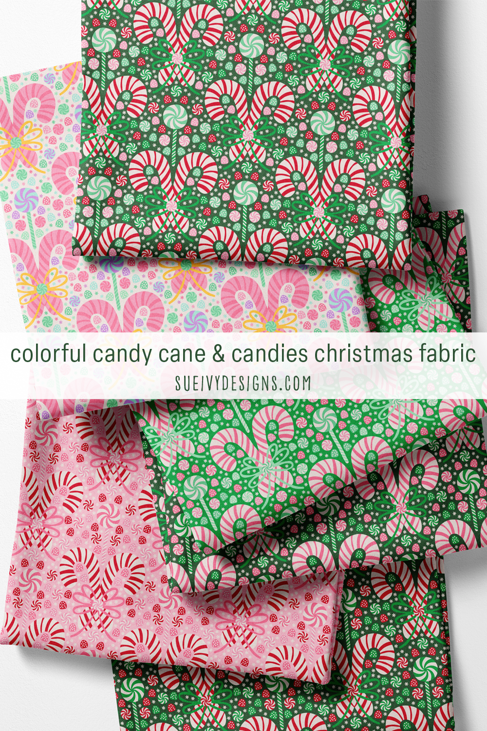 Candy cane and candies damask in all six colorways, bright pastel to classic — Christmas quilting fabric.