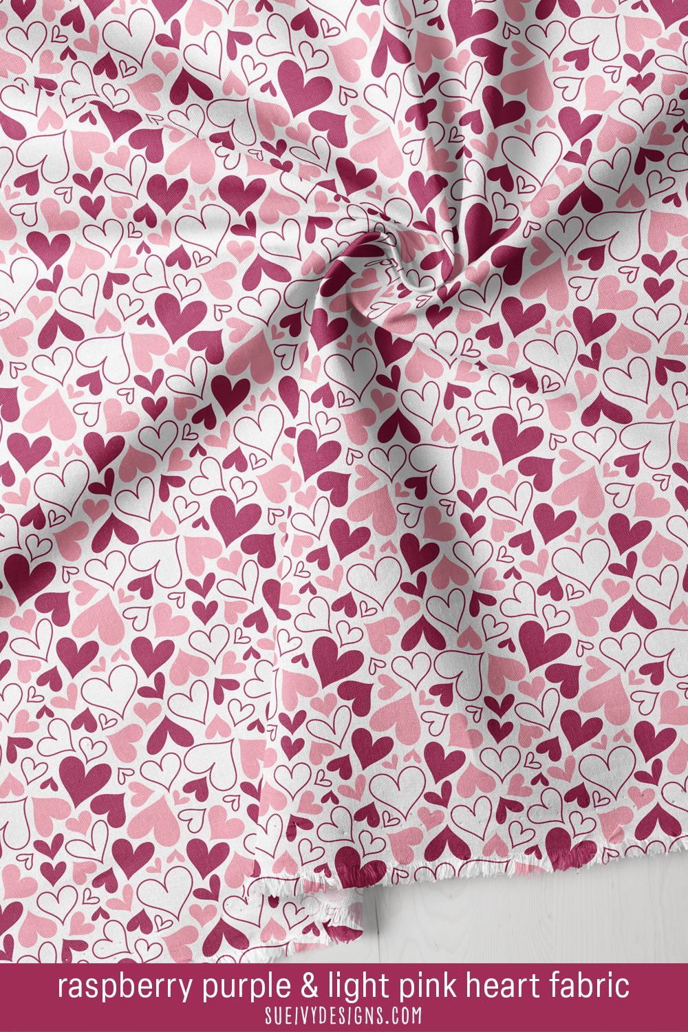 Hearts both filled and outlined in raspberry purple and light pink, swirled on white, for a Valentine twirl skirt.