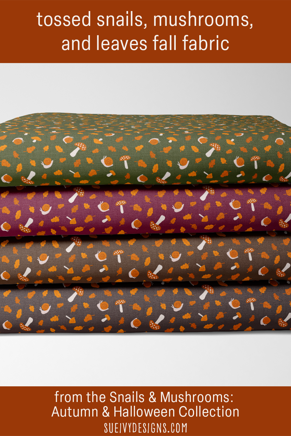 Tossed snails, mushrooms, and fall leaves quilting fabric from the Snails & Mushrooms autumn collection by Sue Ivy Designs, a scattered ditsy print for fall sewing and quilting.