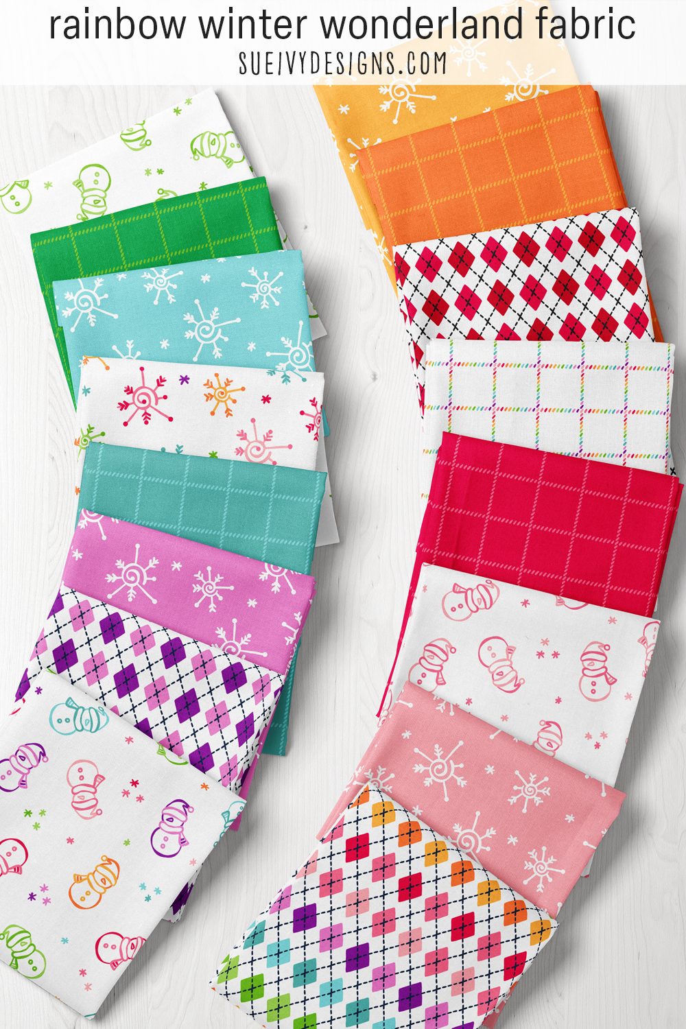 Rainbow winter fabric by the yard, a sampler of the multicolor colorway of every Winter Wonderland print from snowmen to tattersall grid.