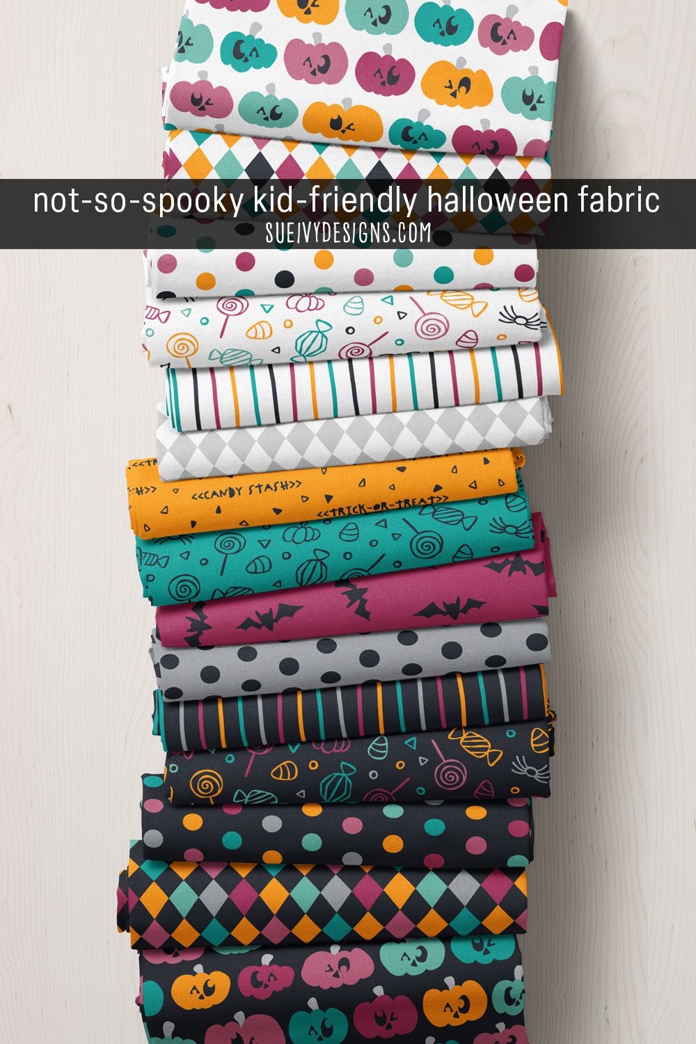 Spookilicious Halloween fabric on crisp white and black grounds — a kid-friendly sampler of goofy pumpkins, harlequin, polka dots, candy doodles, stripes, and a 'trick-or-treat' text print, party-ready fabric.