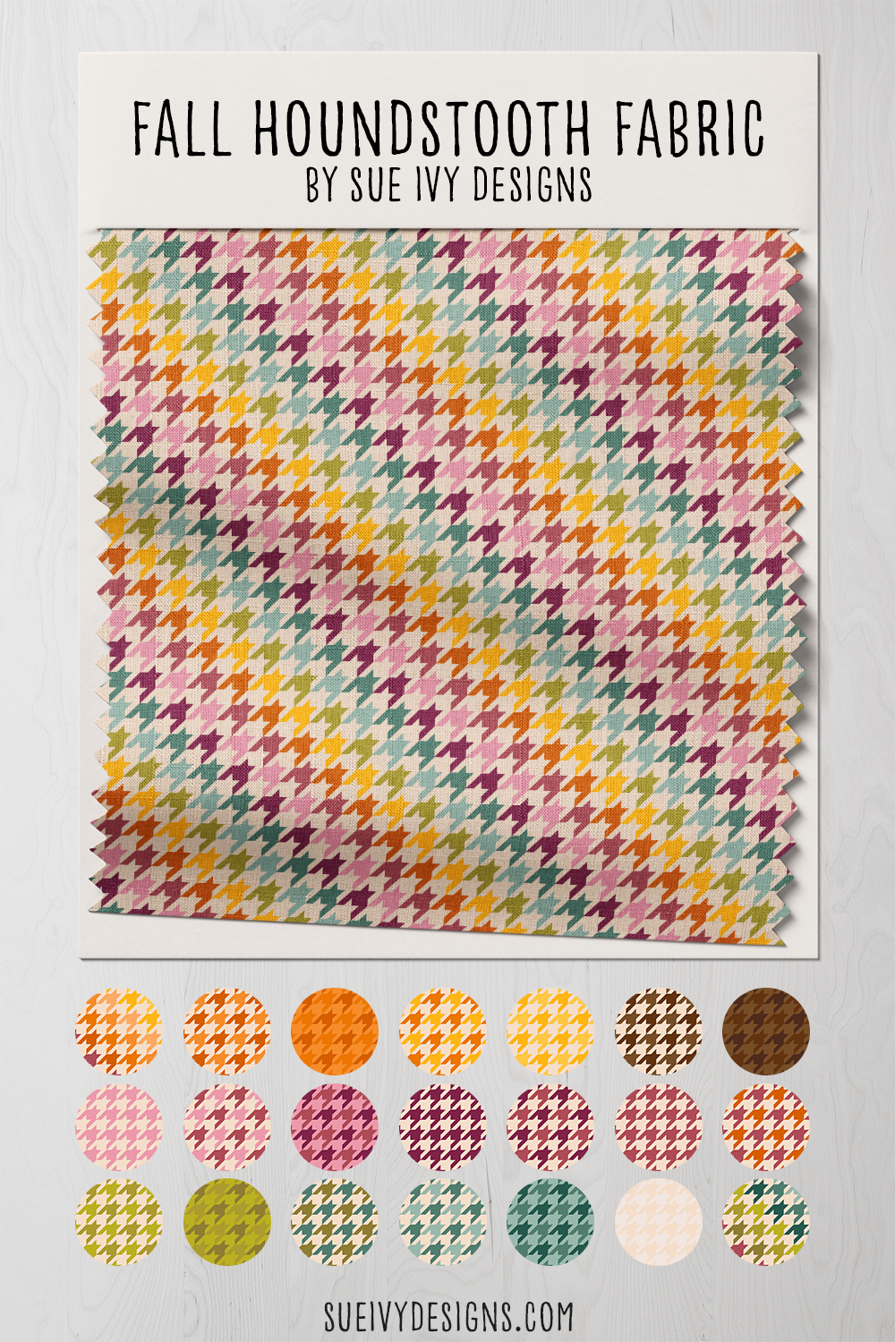 Fall houndstooth fabric from the Autumn Rainbows collection by Sue Ivy Designs, shown with its full set of rainbow, tonal, and warm cream colorways.