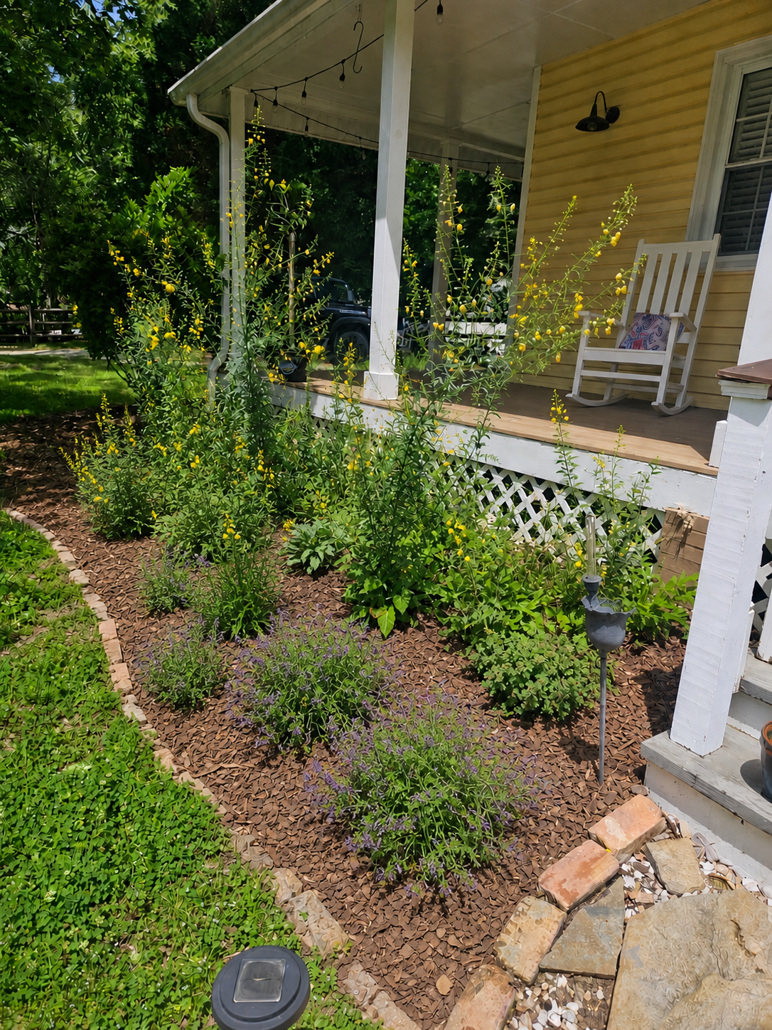 Front porch with wooden rocking chair, plants, and garden flowers.