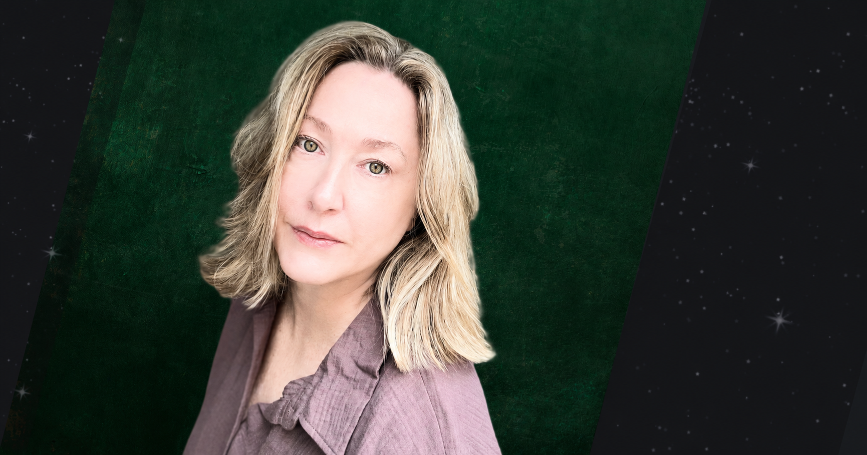 Close-up portrait of a woman with blonde hair and light skin, wearing a muted purple shirt, against a textured green background.