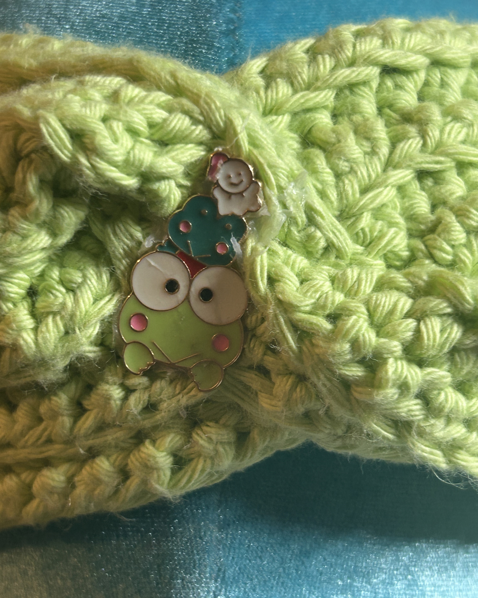 Frog in the Ferns Handmade Crochet Headwrap Lime Green Twist-Front Ear Warmer with Charm