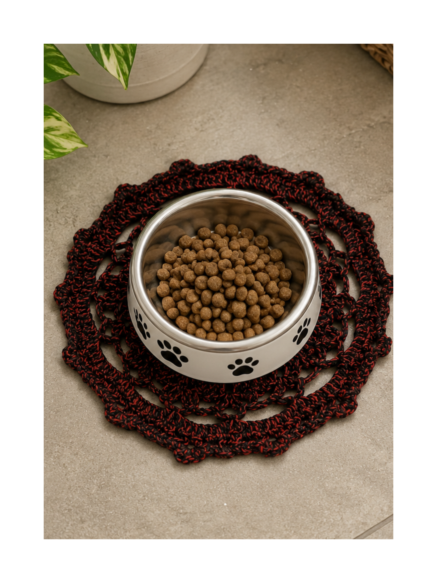 Gothic Crochet Pet Bowl Mat – Handmade Red & Black Feeding Mat