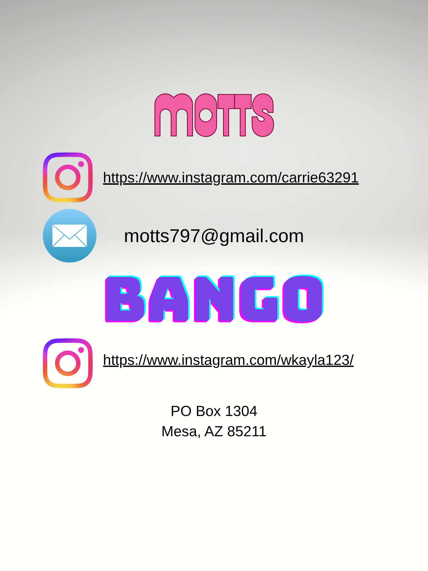 Business card with the word 'motts' in pink and purple text, social media links for Instagram and email, and a mailing address in Mesa, Arizona.