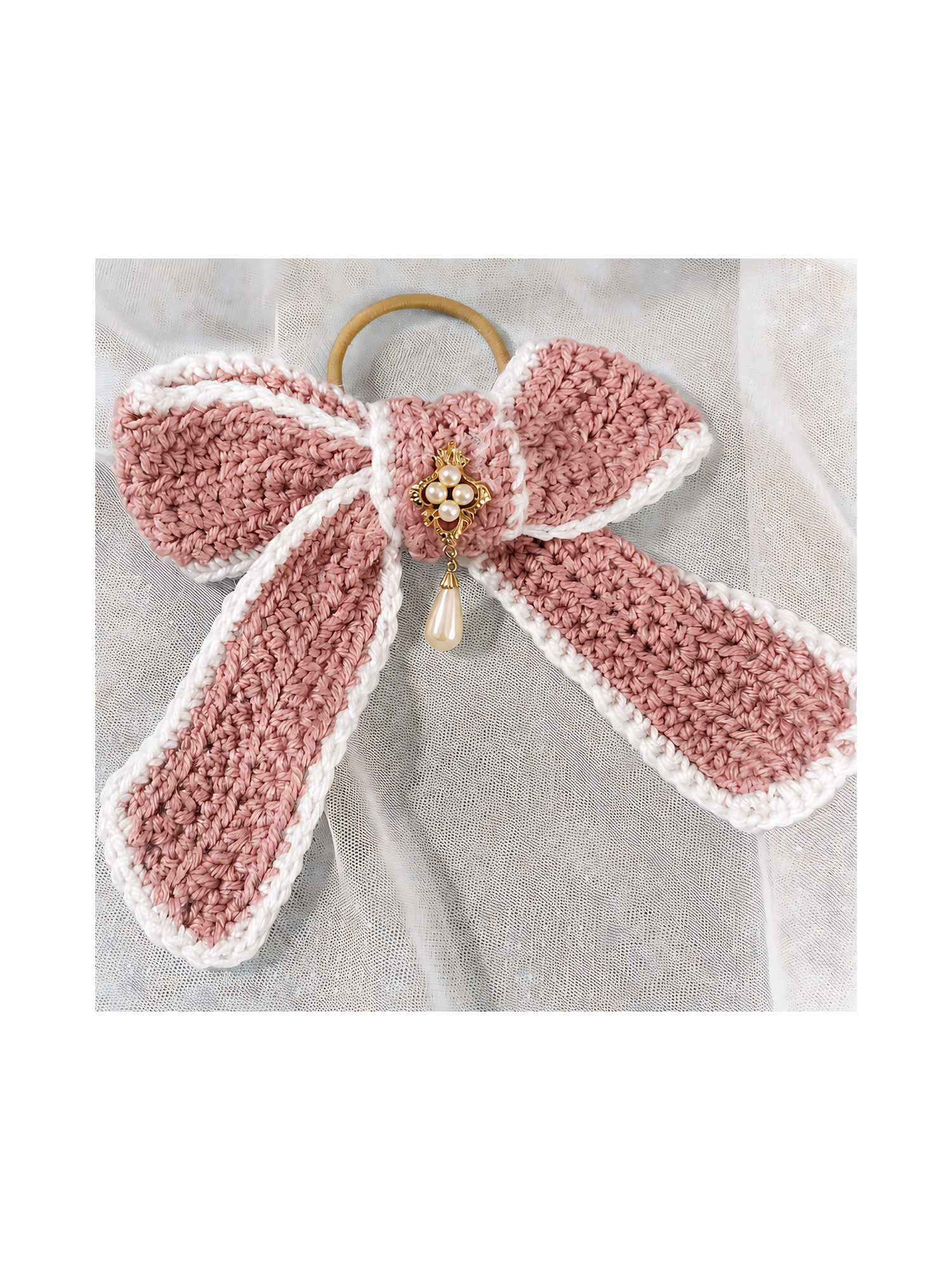 Handcrafted Pink & White Bow Hair Tie with Gem