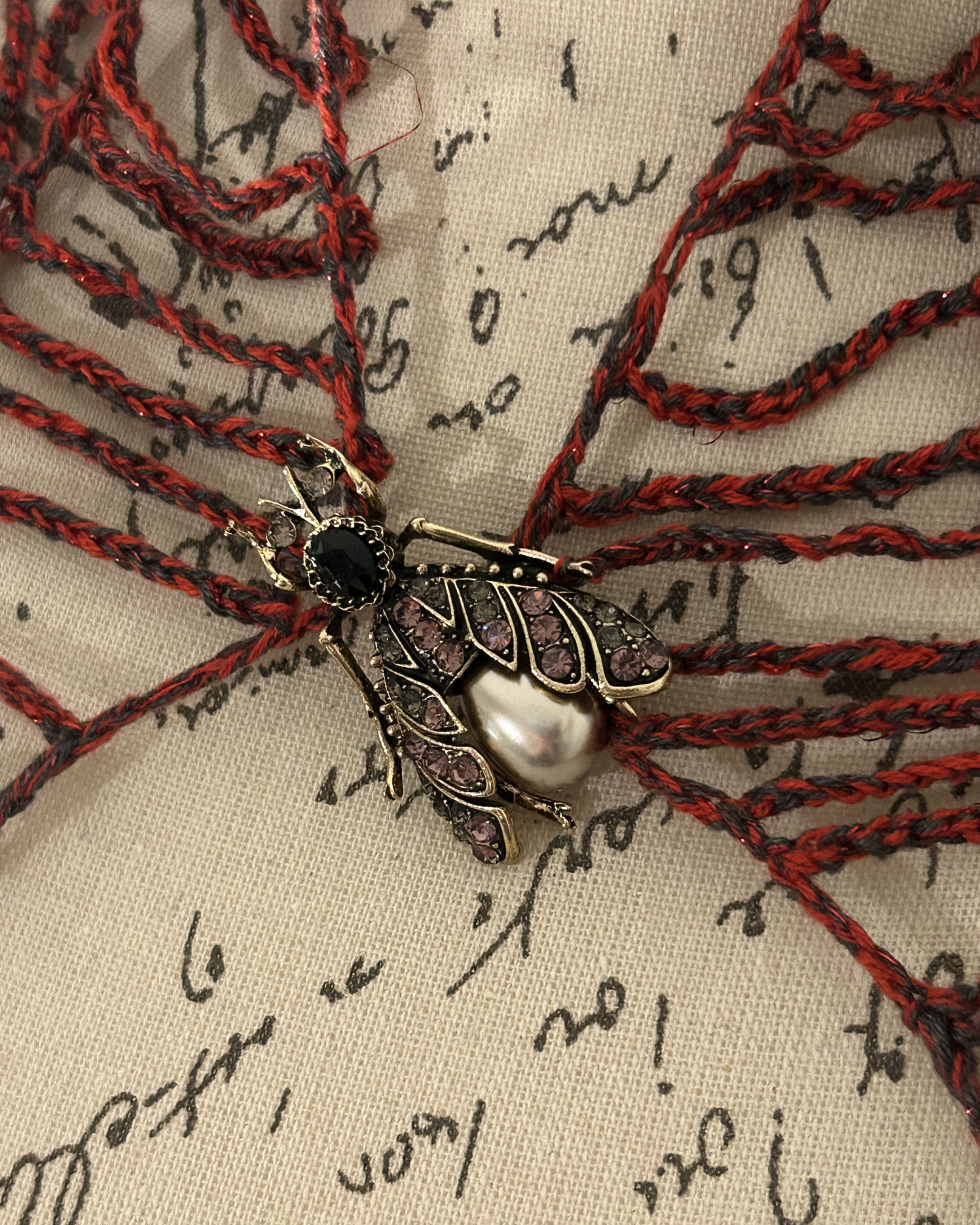 Sparkle Red & Black Spider Web Wrap with Vintage Fly Brooch