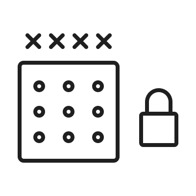 Diagram of a keypad with six dots, a row of six X's at the top, and a padlock symbol.
