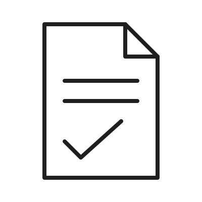 Outline of a document with a folded corner and a checkmark on it.