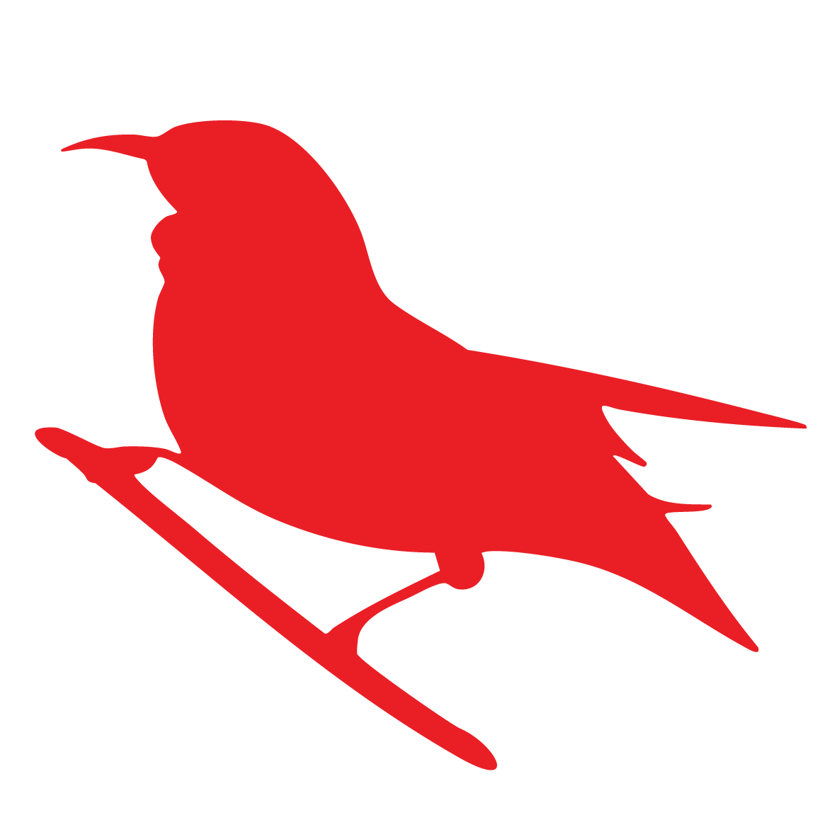 Red silhouette of a bird perched on a branch.