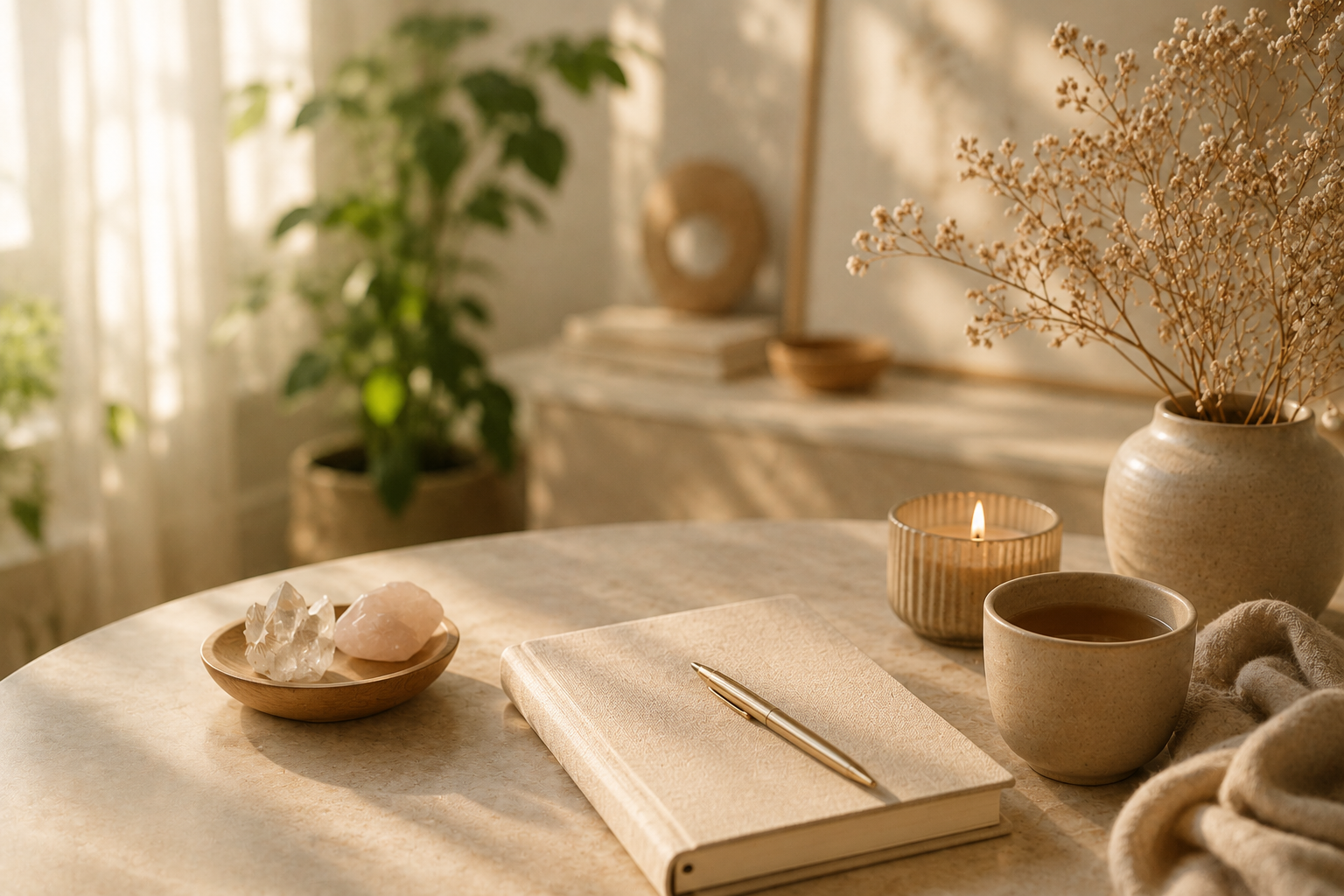 A cozy, sunlit workspace featuring a marble table with a beige notebook, gold pen, a cup of coffee, a lit candle, and a vase of dried flowers, with a blurred background of a plant and a shelf.