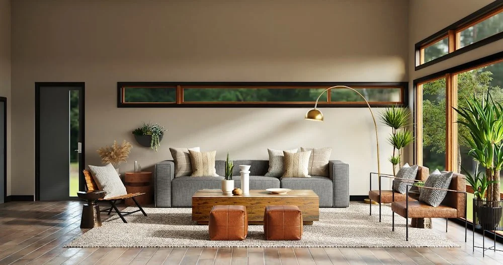 Modern living room with large windows, gray sofa, wooden coffee table, two brown chairs, and various plants.