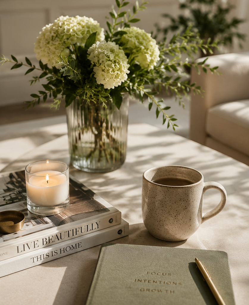 A round table with a large bouquet of white hydrangeas and greenery in a glass vase, a lit candle, a ceramic mug of coffee, a stack of books titled "Live Beautifully" and "This is Home," and a green journal with a gold pen, all in a cozy, softly lit room.
