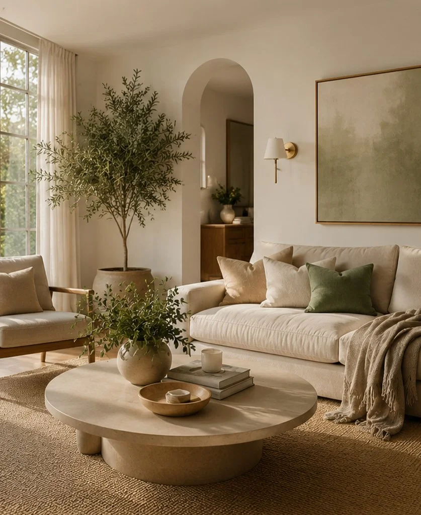 Living room with beige sofa decorated with pillows, large potted plant, round coffee table with plant and decorative items, window with curtains letting in natural light, wall art, and minimalistic decor.