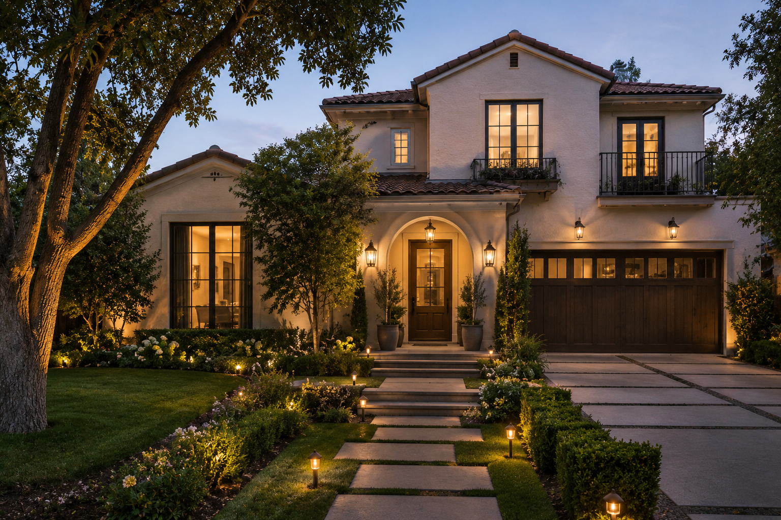 A two-story house with warm exterior lighting, a dark wooden garage door, and a pathway illuminated by small lights leading to the front door, surrounded by trees and landscaped garden.
