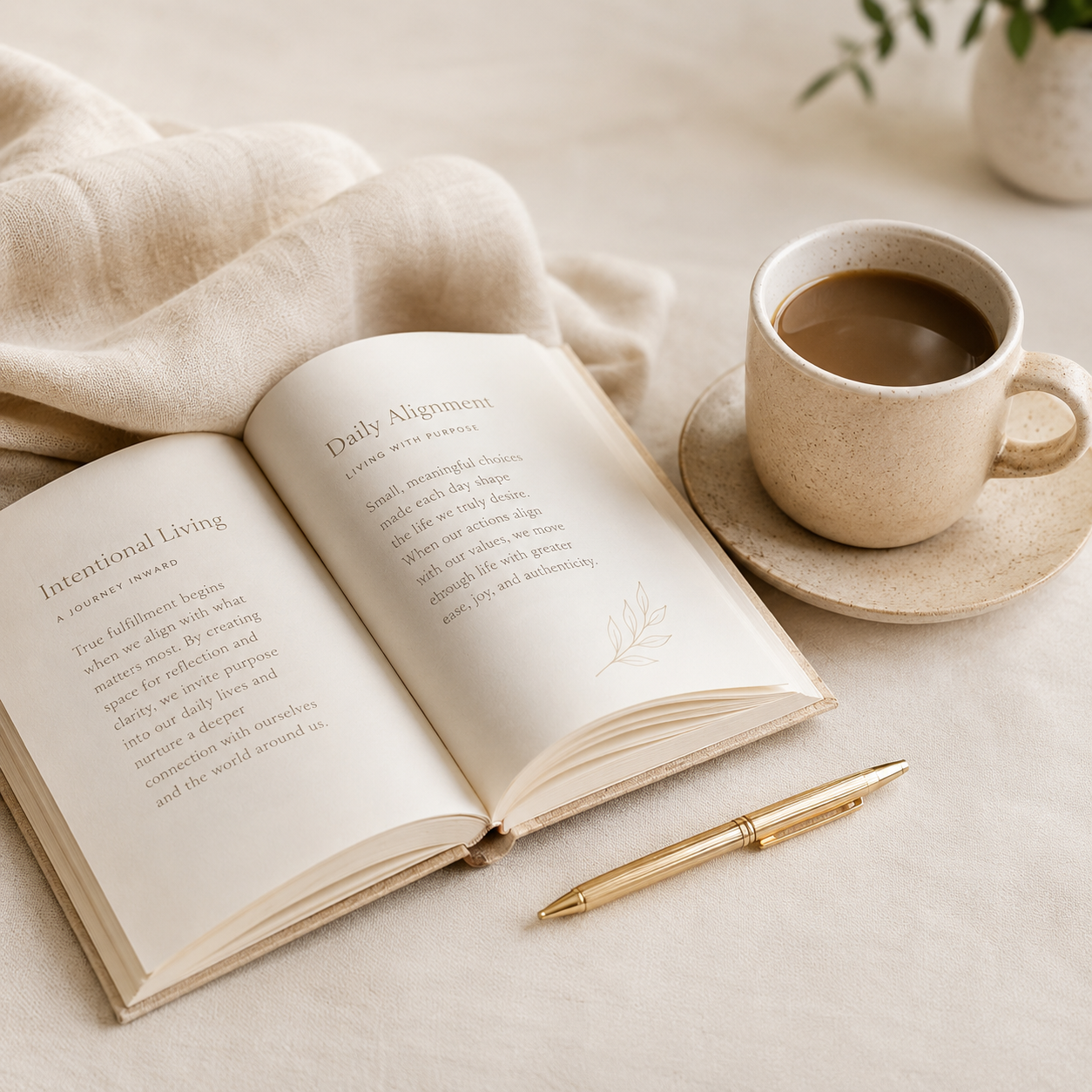 Open book with philosophical text about intentional living and daily alignment on cream-colored pages, next to a cup of coffee on a matching saucer, gold pen, and beige cloth, all on a soft light background.