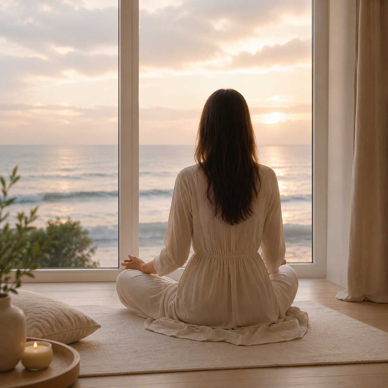 A woman sitting cross-legged on a rug, facing a large window with a view of the ocean and a sunset, in a cozy room with beige curtains and a small plant in the foreground.