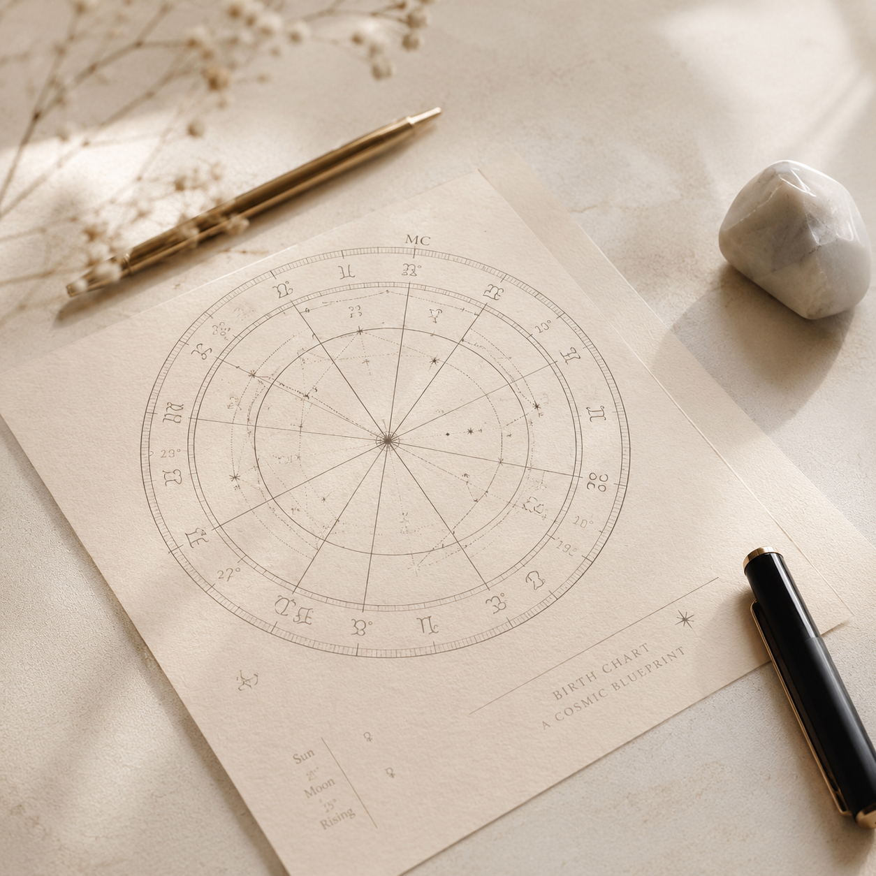 A cosmic birth chart or astrology chart on textured paper, with a black pen, a white marble stone, and dried flowers nearby, on a light-colored surface.
