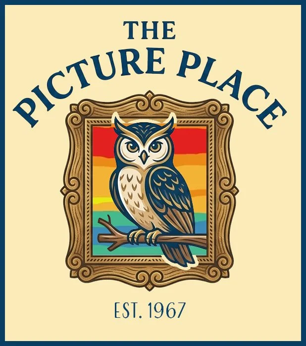 Logo for The Picture Place, established in 1967, featuring an owl illustration within a decorative frame on a rainbow background.  custom framing brookline pictureplacebrookline.com