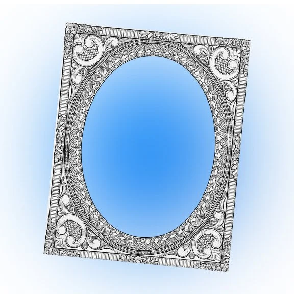 Decorative mirror with an ornate, intricate frame and oval reflective surface, tilted at an angle against a light blue background.  custom framing brookline pictureplacebrookline.com
