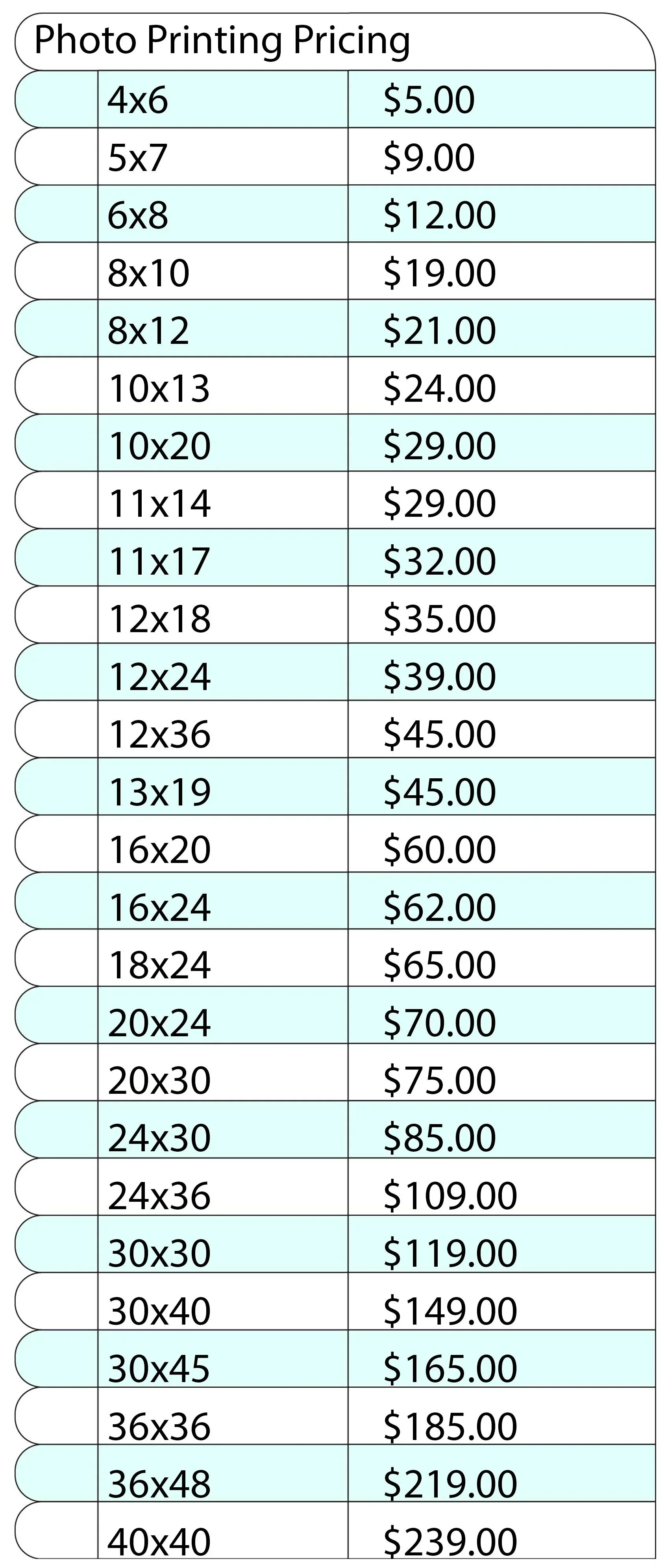 Price list for photo printing services, with sizes ranging from 4x6 inches to 40x40 inches and prices from $5 to $239.