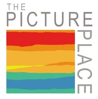 logo for  'The Picture Place' beside a colorful, wavy rainbow design.  custom framing brookline pictureplacebrookline.com