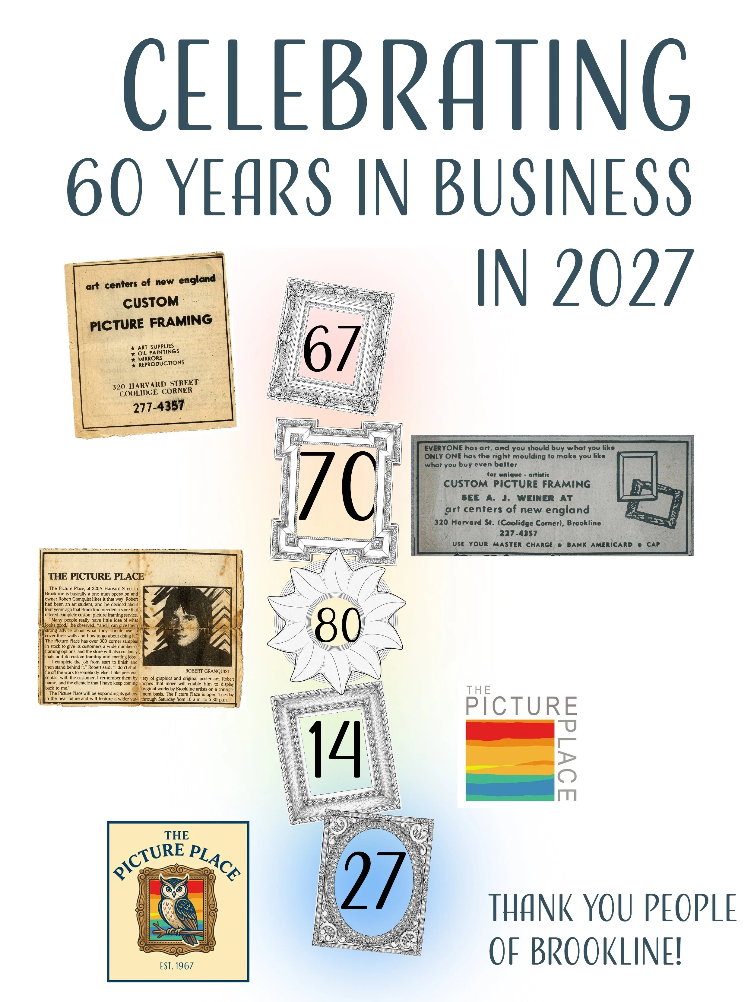 Celebration poster for 60 years in business in 2027 in Brookline Massachusetts