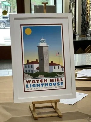 Poster of Watch Hill Lighthouse on Rhode Island, featuring a lighthouse illustration with a bright sun and American flag.  custom framing brookline pictureplacebrookline.com