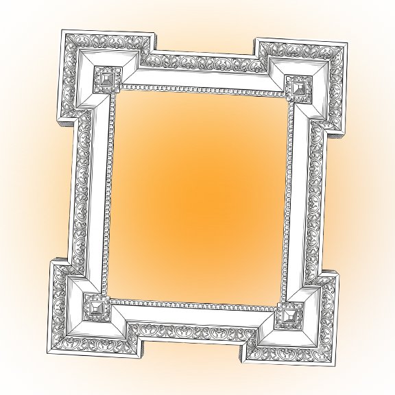 A decorative ceiling design sketch with ornate borders, intricate patterns, and a central illuminated orange area.  custom framing brookline pictureplacebrookline.com