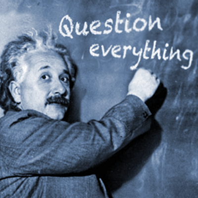 Albert Einstein writing on a blackboard with the phrase 'Question everything'.