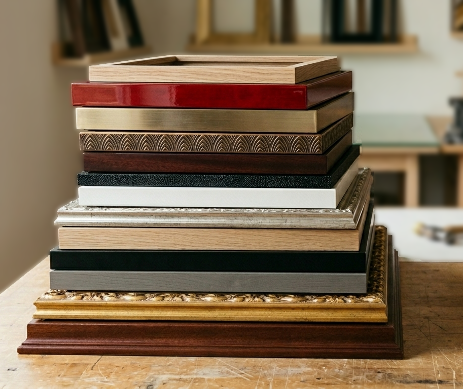 Stack of various decorative picture frame moldings on a wooden table.