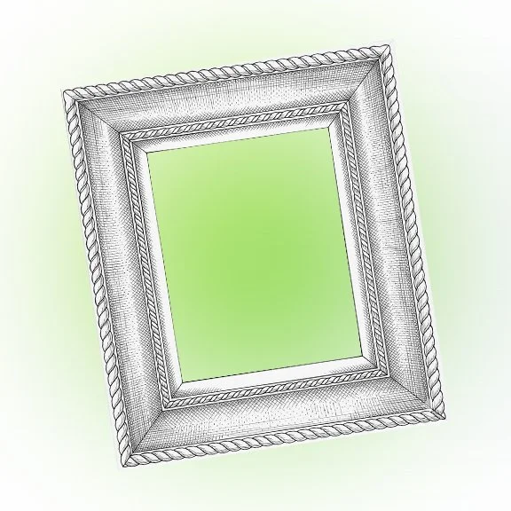 Illustration of an ornate, decorative picture frame with a green background.  custom framing brookline pictureplacebrookline.com