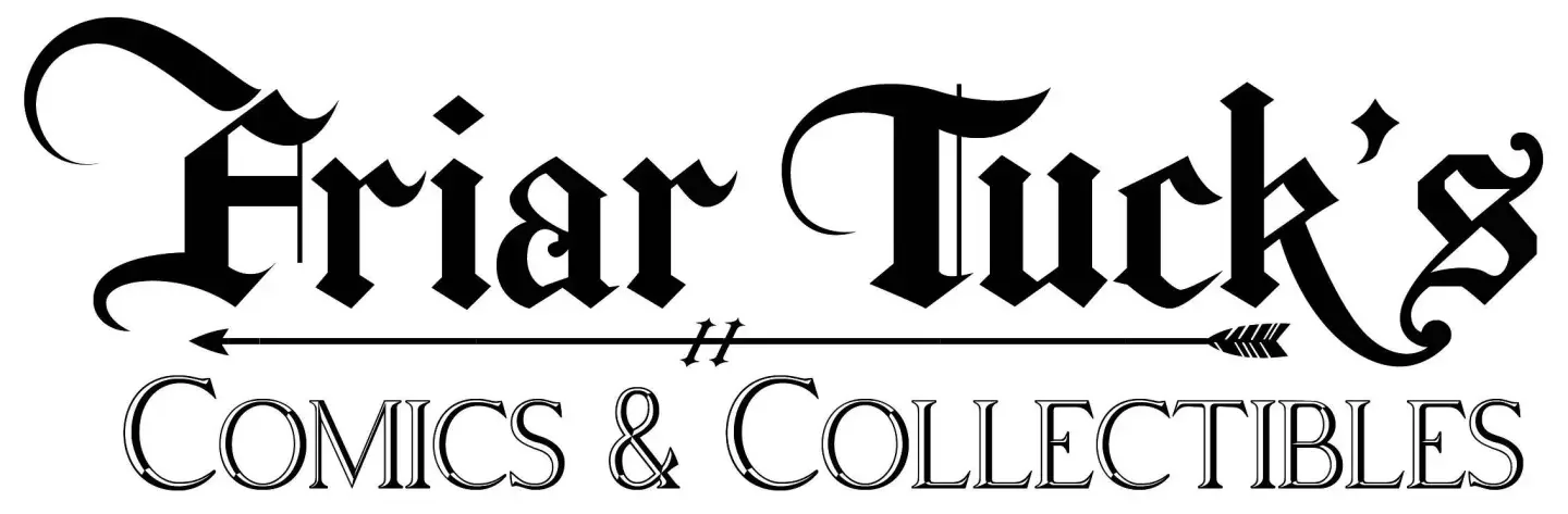 Logo for Friar Tuck's Comics & Collectibles featuring stylized gothic text with an arrow.