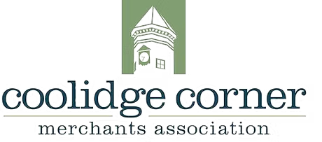 Logo featuring a green and white clock tower with the text "coolidge corner merchants association" underneath.
