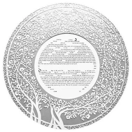 Decorative white circular wall art with intricate tree and leaf cutouts surrounding a central circular area containing text.