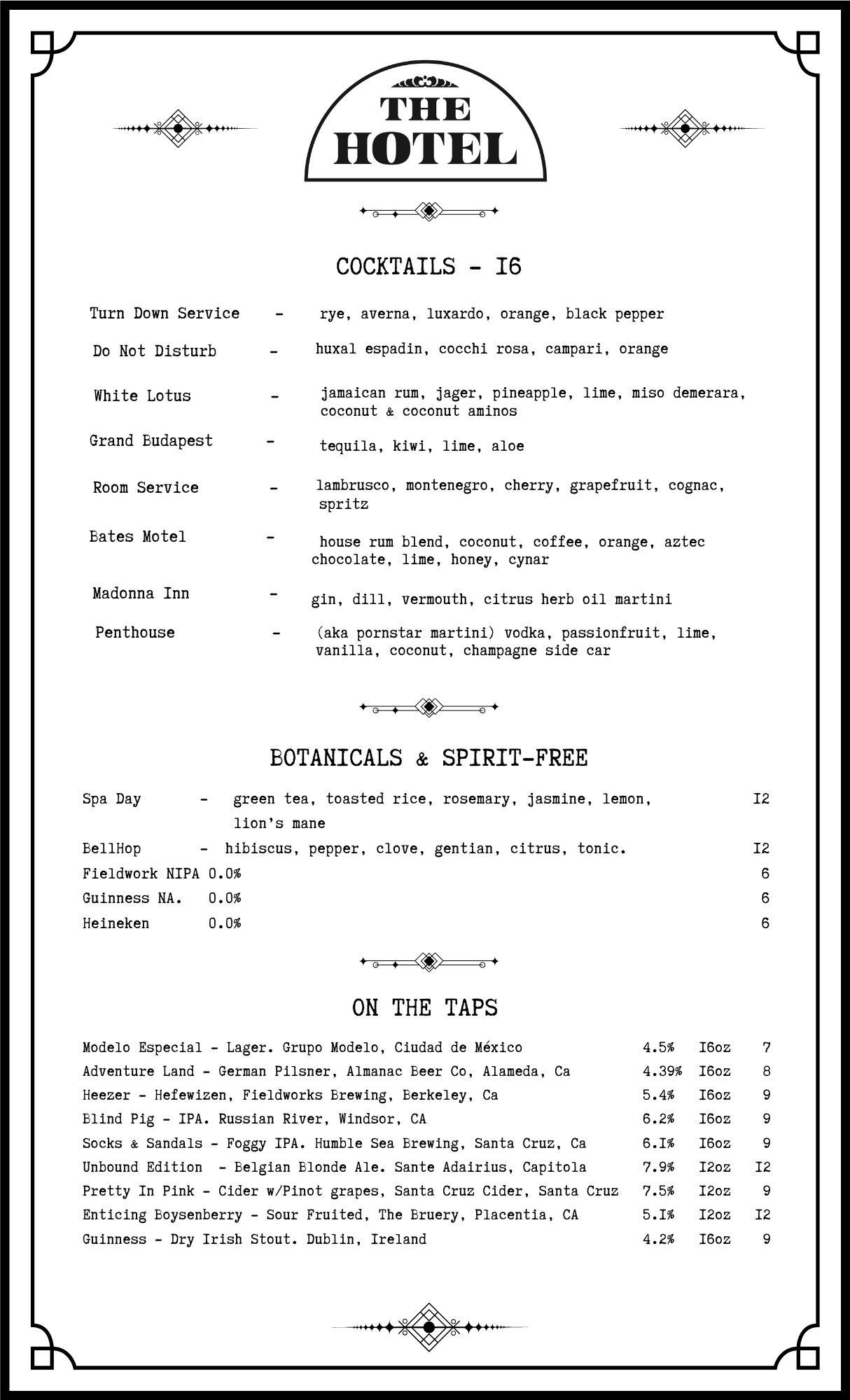 A vintage style menu listing the bar's signature cocktails, botanical and spirit-free drinks, draft beers, ciders, and specials, including happy hour.