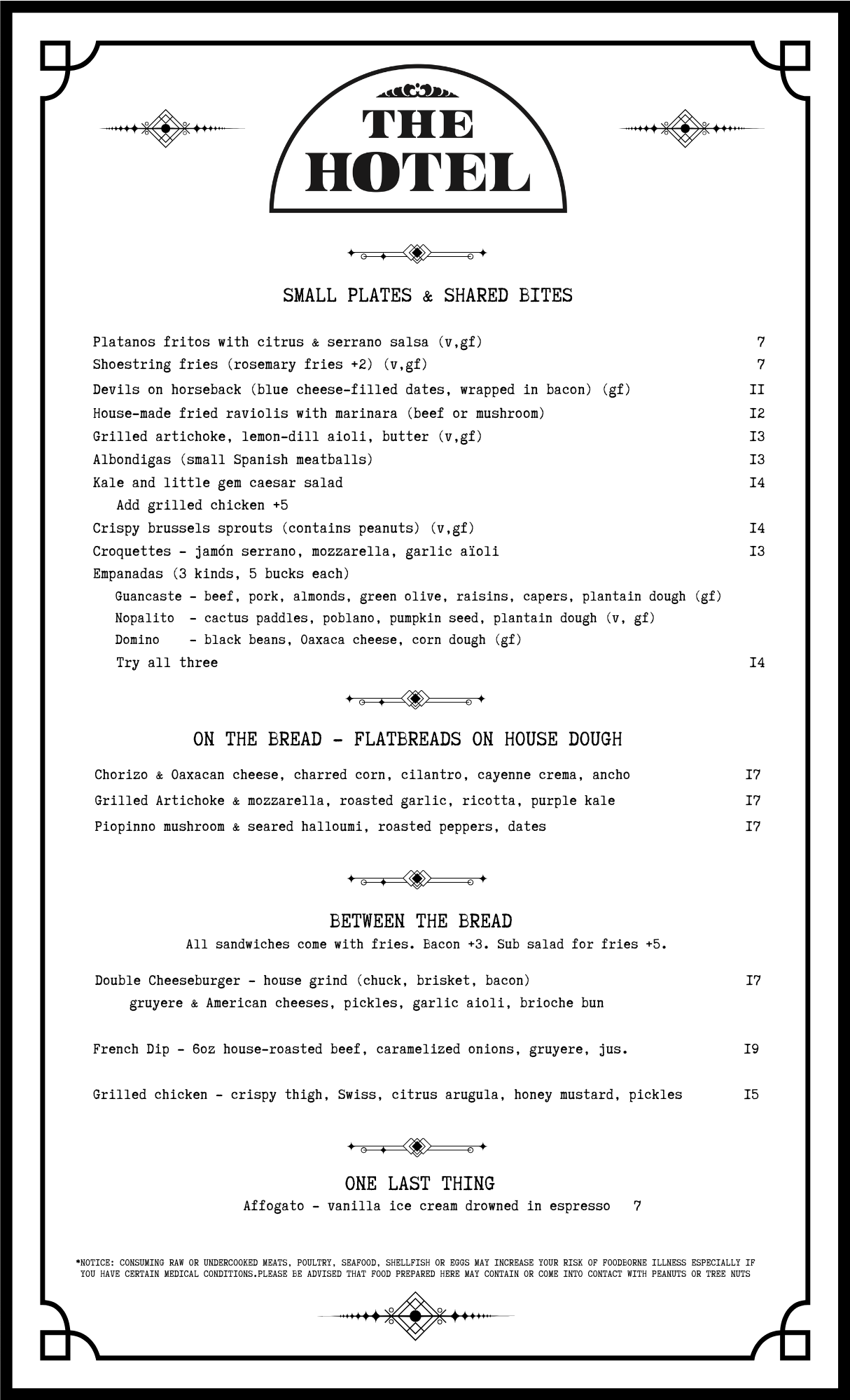 Food menu from a cocktail bar and restaurant in Santa Cruz called The Hotel.  The menu features small plates as well as burgers, sandwiches, empanadas, flatbreads, salads, shareable items designed to pair well with the bar's signature cocktails.