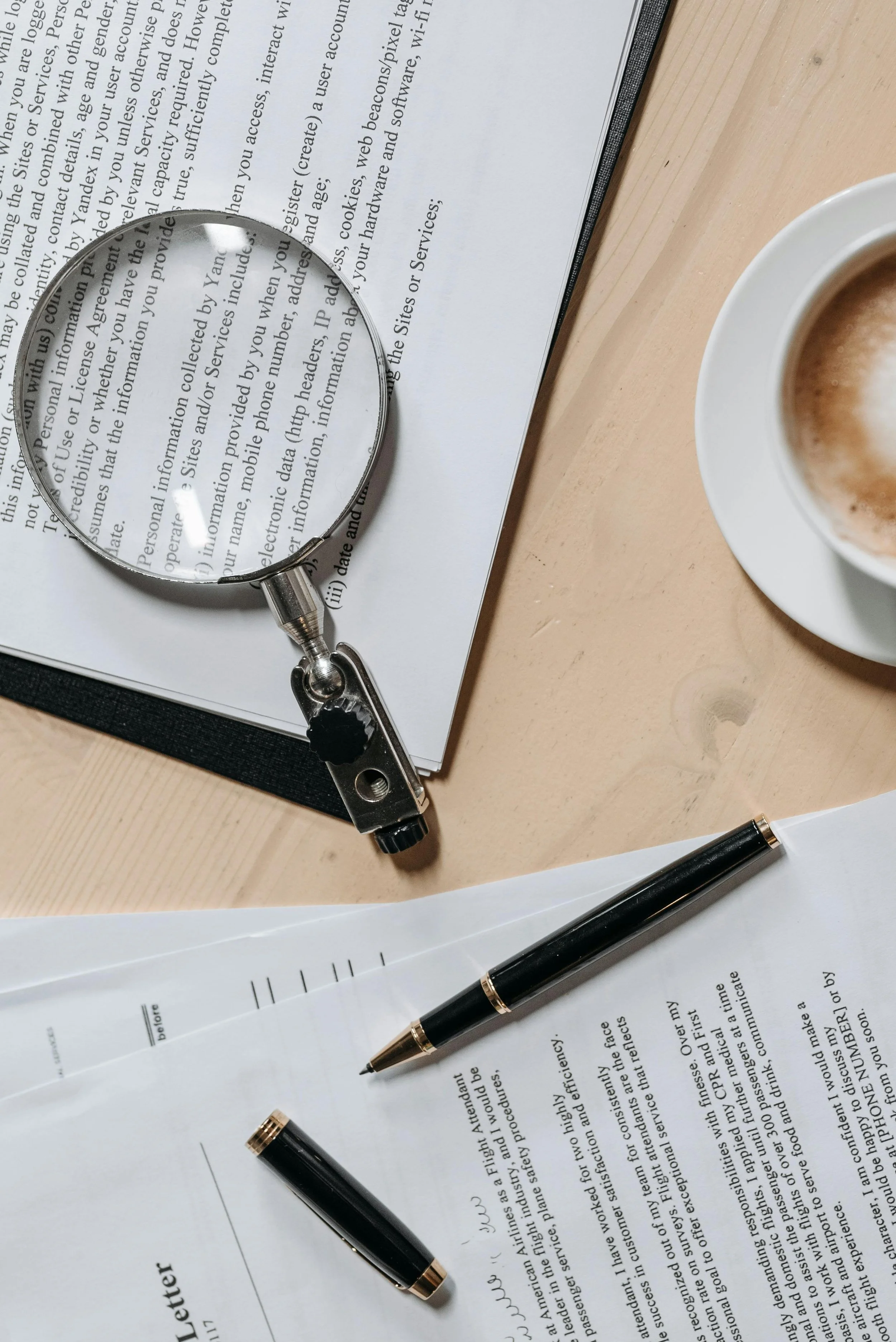 A close-up image of a magnifying glass placed over a printed document, with a black pen and two other pens on top of other papers, and a cup of coffee on a wooden table.