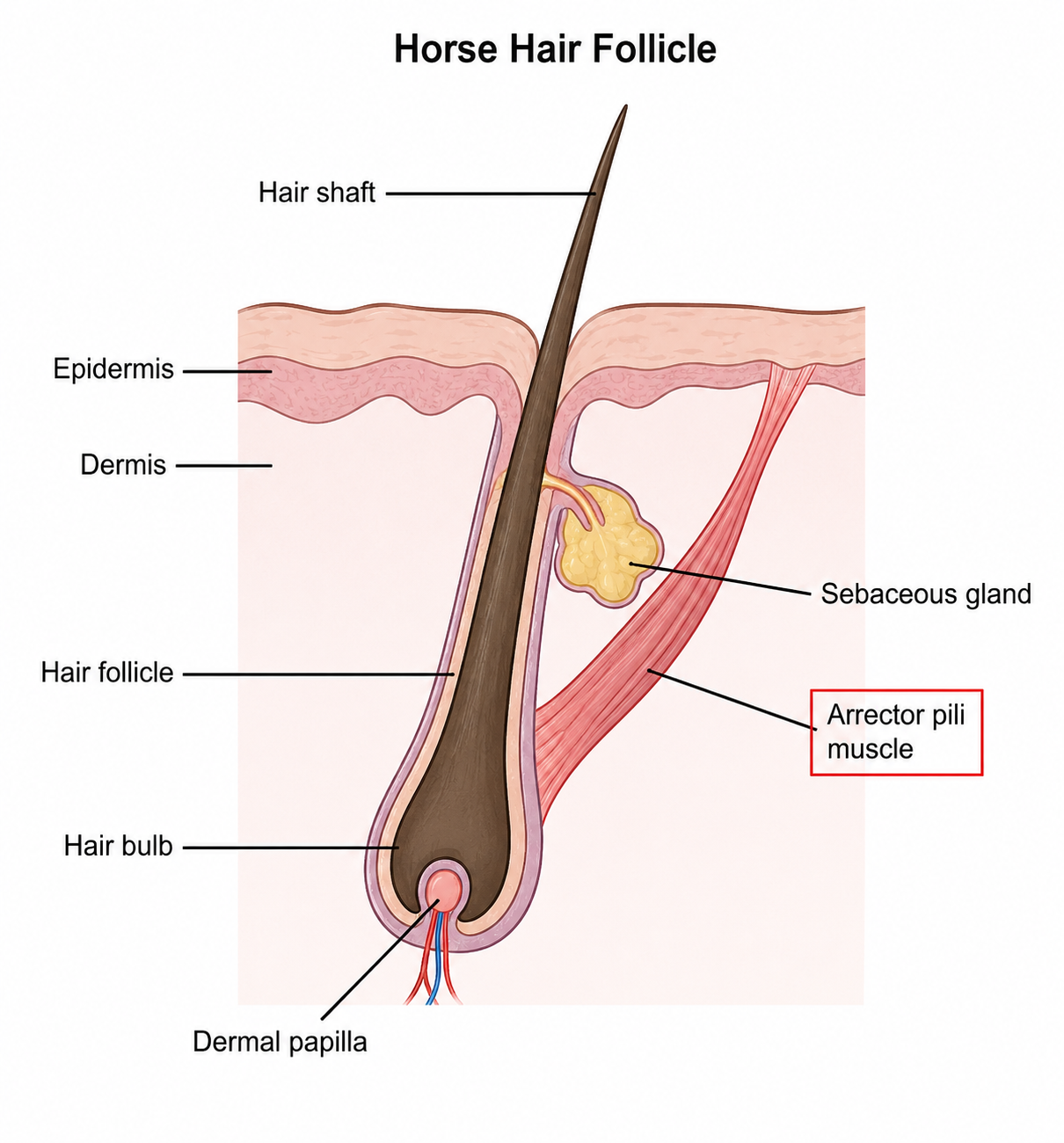 An illustration of a horse hair follicle showing the hair shaft, epidermis, dermis, hair follicle, hair bulb, dermal papilla, sebaceous gland, arrector pili muscle.