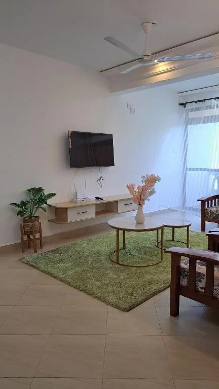 Living room with a wall-mounted TV, a small wooden plant stand with a green potted plant, a light green rug, a white oval coffee table with a flower vase, wooden armchairs, and a glass door with sheer curtains leading to a balcony.