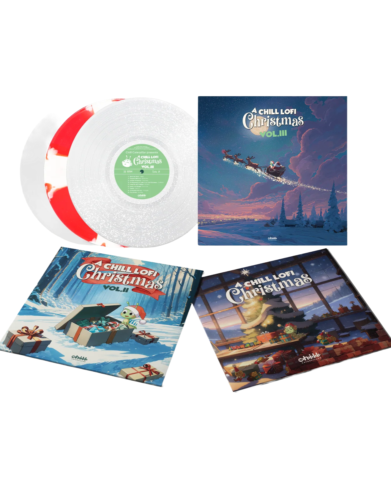 Three vinyl records and three holiday-themed album covers titled 'A Chill Lofi Christmas' Vol. I, II, and III, with festive and winter scenes.