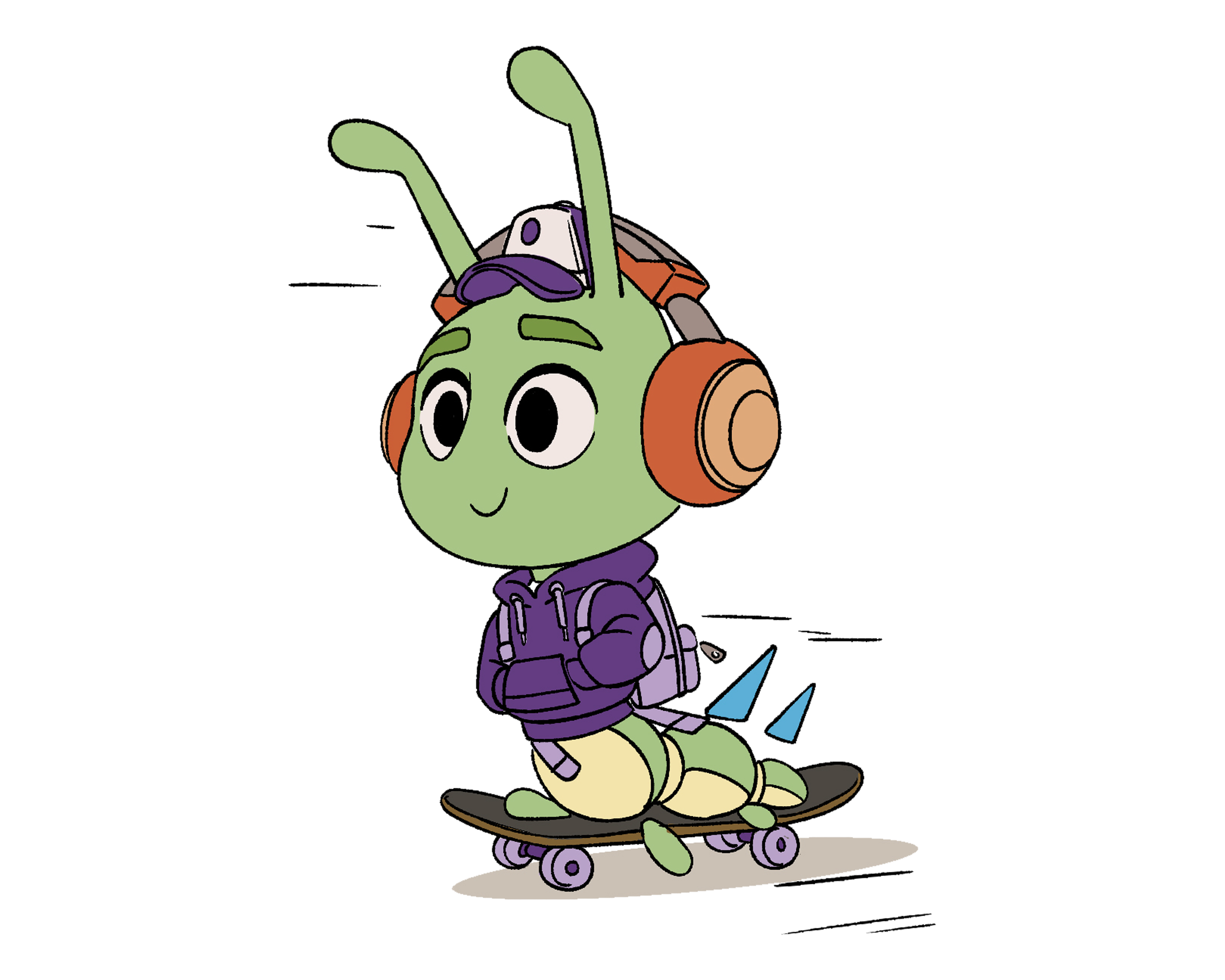 Chill Caterpillar mascot, a green caterpillar in purple headphones and a purple hoodie, riding a skateboard